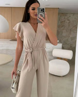 Sleeveless V-Neck Jumpsuit with Belt and Wide-Leg Design