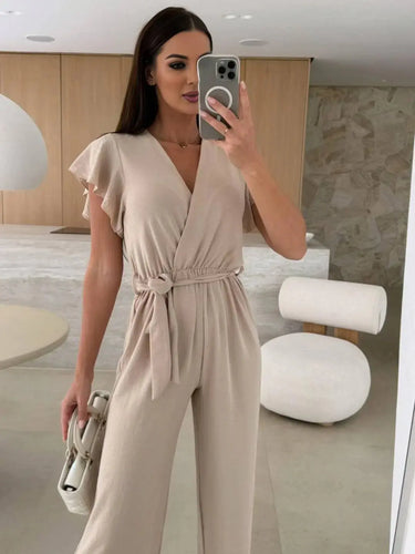 Sleeveless V-Neck Jumpsuit with Belt and Wide-Leg Design