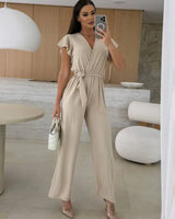 Sleeveless V-Neck Jumpsuit with Belt and Wide-Leg Design