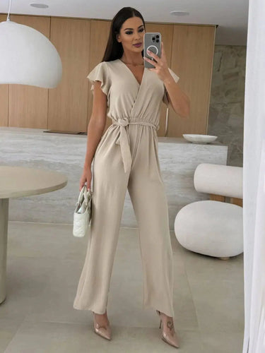 Sleeveless V-Neck Jumpsuit with Belt and Wide-Leg Design