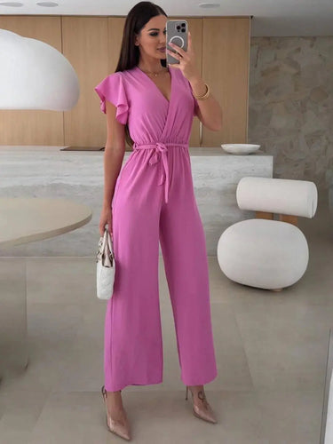 Sleeveless V-Neck Jumpsuit with Belt and Wide-Leg Design