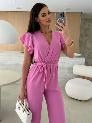 Sleeveless V-Neck Jumpsuit with Belt and Wide-Leg Design