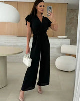 Sleeveless V-Neck Jumpsuit with Belt and Wide-Leg Design