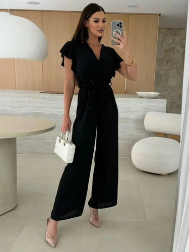 Sleeveless V-Neck Jumpsuit with Belt and Wide-Leg Design