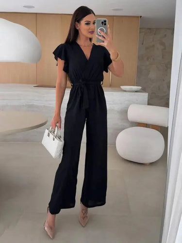 Sleeveless V-Neck Jumpsuit with Belt and Wide-Leg Design
