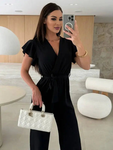 Sleeveless V-Neck Jumpsuit with Belt and Wide-Leg Design