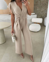 Sleeveless V-Neck Jumpsuit with Belt and Wide-Leg Design