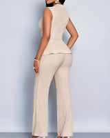 Sleeveless V-Neck Peplum Top and Flared Pants Set