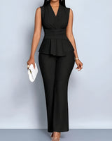 Sleeveless V-Neck Peplum Top and Flared Pants Set