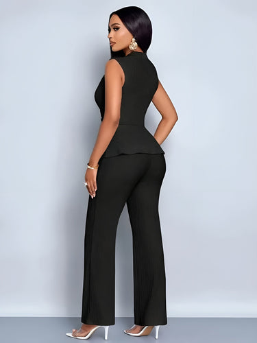 Sleeveless V-Neck Peplum Top and Flared Pants Set