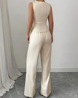 Sleeveless V-Neck Waistcoat and Wide-Leg Trousers Set
