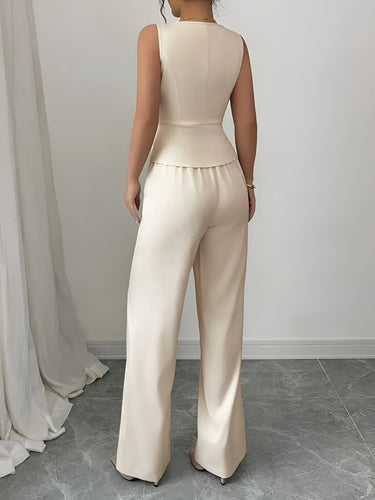 Sleeveless V-Neck Waistcoat and Wide-Leg Trousers Set