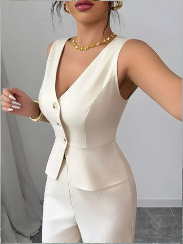 Sleeveless V-Neck Waistcoat and Wide-Leg Trousers Set