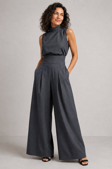 Sleeveless wide-leg jumpsuit in light blue, full-length front view