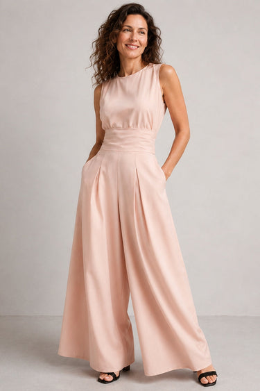 Close-up of wide-leg trouser hem and fabric texture of linen blend jumpsuit