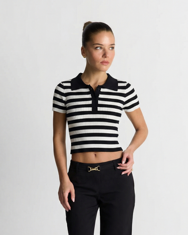 Slim Fit Women’s Striped Polo Shirt with Short Sleeves and Button Placket
