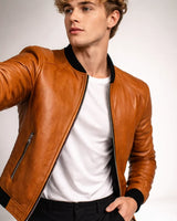 Detail of shoulder panelling on a slim-fit men's leather jacket