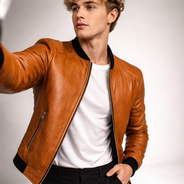 Detail of shoulder panelling on a slim-fit men's leather jacket