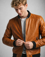 Slim Men's Leather Biker Jacket With Ribbed Collar and Zip Pockets