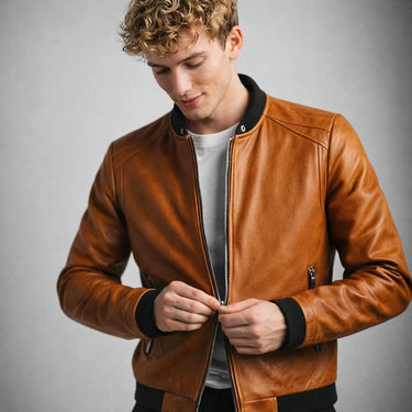 Slim Men's Leather Biker Jacket With Ribbed Collar and Zip Pockets