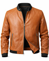Slim Men's Leather Biker Jacket With Ribbed Collar and Zip Pockets
