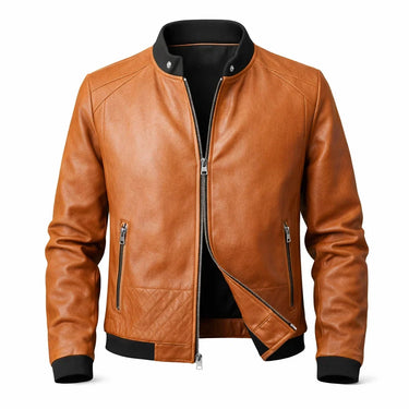 Slim Men's Leather Biker Jacket With Ribbed Collar and Zip Pockets