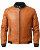 Slim Men's Leather Biker Jacket With Ribbed Collar and Zip Pockets
