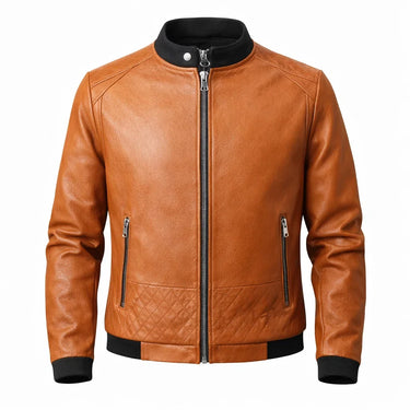 Slim Men's Leather Biker Jacket With Ribbed Collar and Zip Pockets