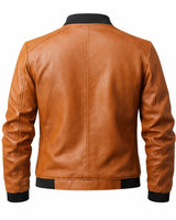 Slim Men's Leather Biker Jacket With Ribbed Collar and Zip Pockets