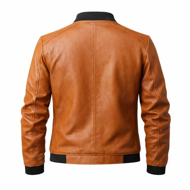 Slim Men's Leather Biker Jacket With Ribbed Collar and Zip Pockets