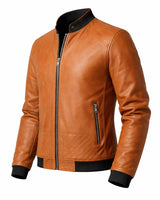 Slim Men's Leather Biker Jacket With Ribbed Collar and Zip Pockets