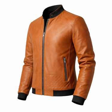 Slim Men's Leather Biker Jacket With Ribbed Collar and Zip Pockets