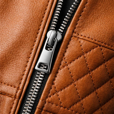 Slim Men's Leather Biker Jacket With Ribbed Collar and Zip Pockets