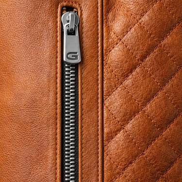 Slim Men's Leather Biker Jacket With Ribbed Collar and Zip Pockets