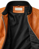 Slim Men's Leather Biker Jacket With Ribbed Collar and Zip Pockets