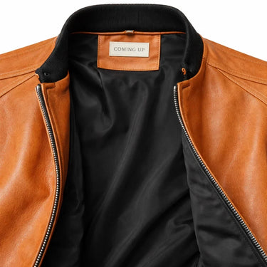 Slim Men's Leather Biker Jacket With Ribbed Collar and Zip Pockets