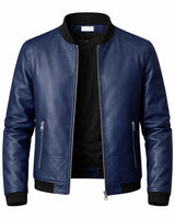 Slim Men's Leather Biker Jacket With Ribbed Collar and Zip Pockets