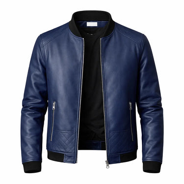 Slim Men's Leather Biker Jacket With Ribbed Collar and Zip Pockets