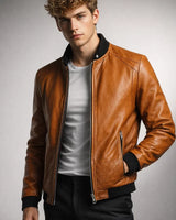 Close-up of the ribbed collar on a men's leather bomber jacket