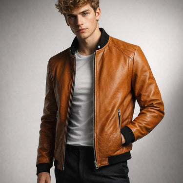 Close-up of the ribbed collar on a men's leather bomber jacket