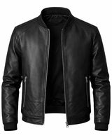 Slim Men's Leather Biker Jacket With Ribbed Collar and Zip Pockets