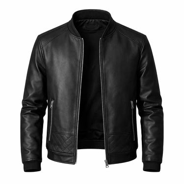 Slim Men's Leather Biker Jacket With Ribbed Collar and Zip Pockets