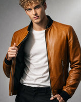 Detail shot of the central zip fastening on a leather biker jacket