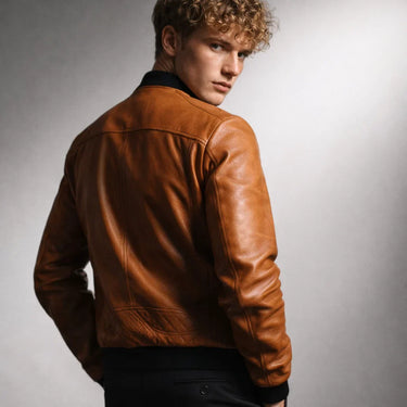 Close-up of the ribbed cuffs on a men's leather bomber jacket