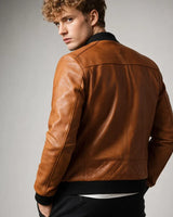 Side view of a slim-fit men's leather jacket showing the streamlined profile