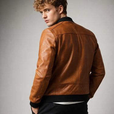 Side view of a slim-fit men's leather jacket showing the streamlined profile