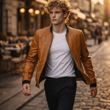 Close-up of a zipped side-entry pocket on a leather bomber jacket