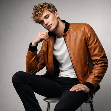 Rear view of a men's slim-fit leather bomber jacket