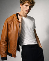 Full-length front view of a men's leather biker jacket on a model