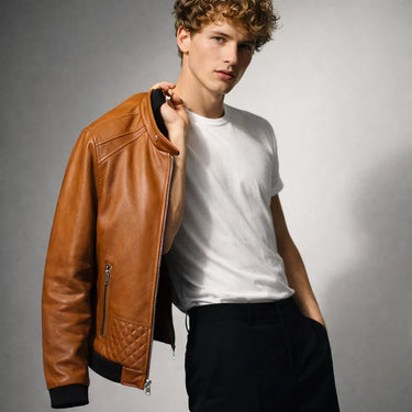 Full-length front view of a men's leather biker jacket on a model
